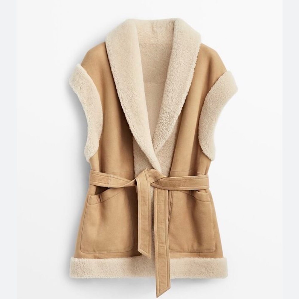 NWT Massimo Dutti Women's Tan Shearling Coat - Picture 1 of 7
